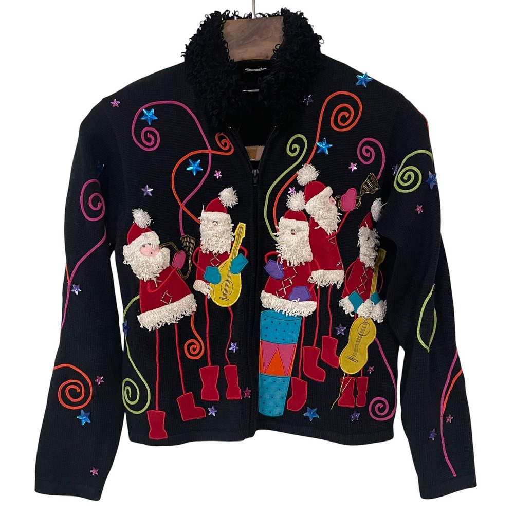 Vtg‎ Christine Rotelli Christmas Santa Holiday Musical Zip Cardigan Sweater S/M